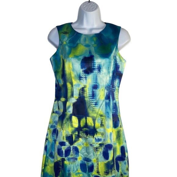 Elie Tahari Womens Sheath Dress Blue Yellow Abstract Stretch Midi Crew Neck 4 - Picture 2 of 7